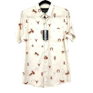Molokai Surf Co Button Front Short Sleeve Top Mens Sz S Cream Brown Desert Print